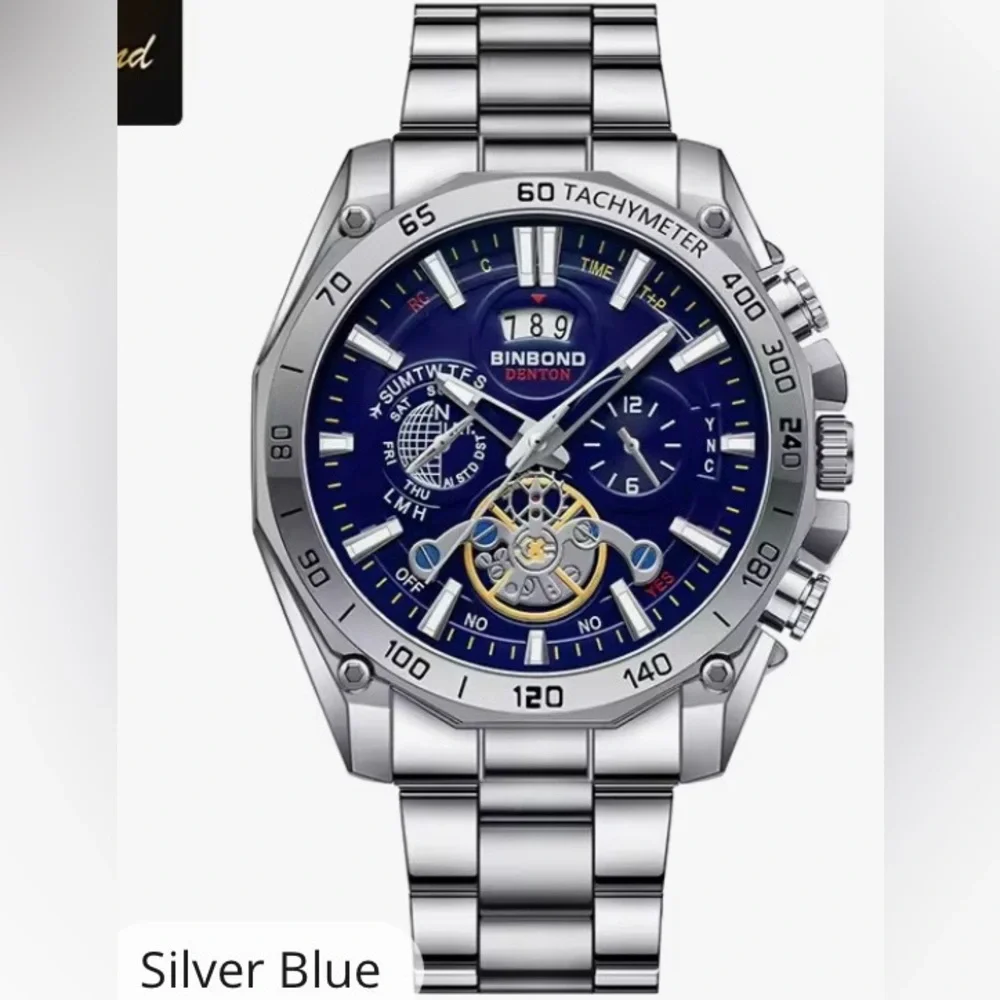 Binbond Bestwin Blue Dial Chronograph Silver Stainless Steel Quartz Watch